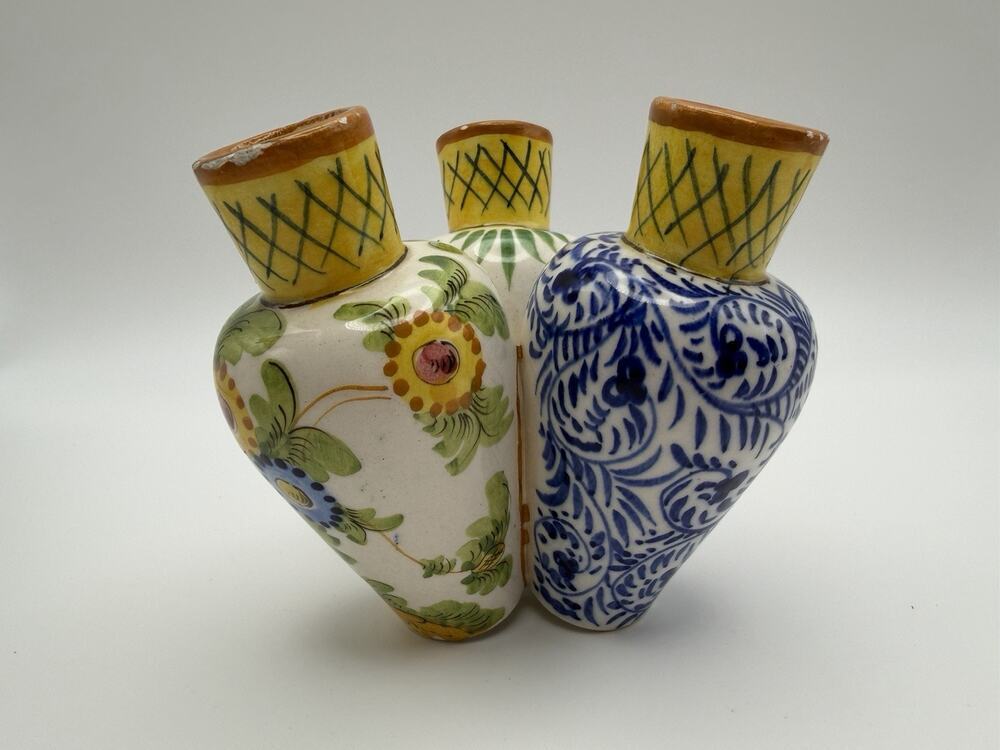 Mid-Century Modern Italian Pottery Hand Painted 3 Connected Cluster Vases